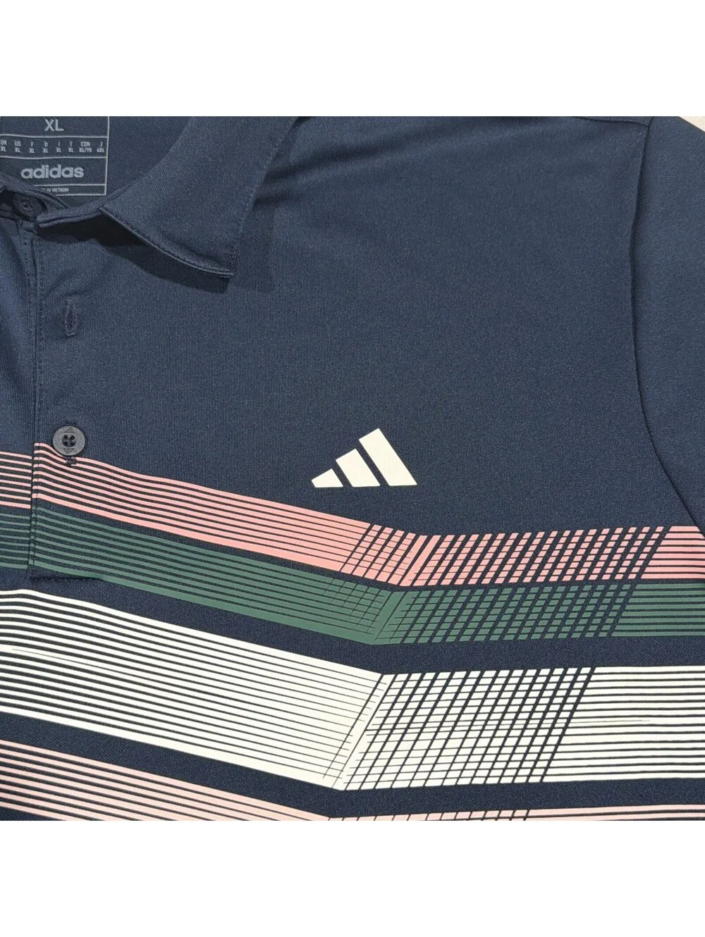 Adidas Polo Shirt Mens XL Navy Striped Golf Performance Recycled Polyester *Flaw